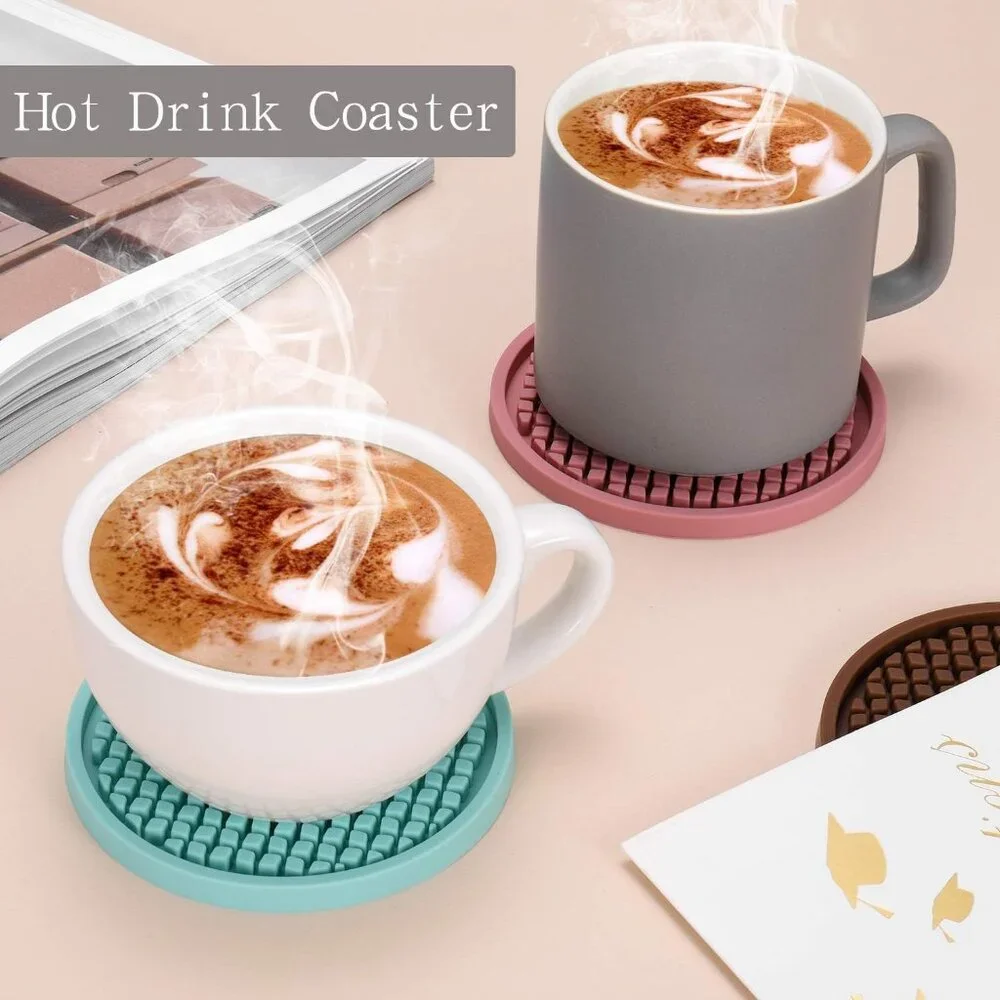 Silicone Coasters [6 Pack] Thickened Drink Coasters with Holder - Cup Mat - Non-